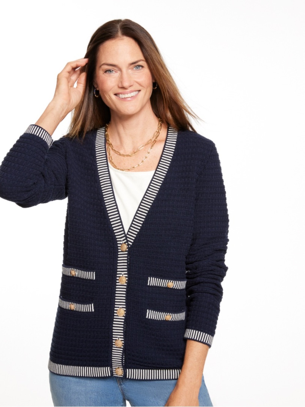 Talbots Textured V Neck Cardigan Tipped Stripe Womens 2X Cotton Preppy Classic